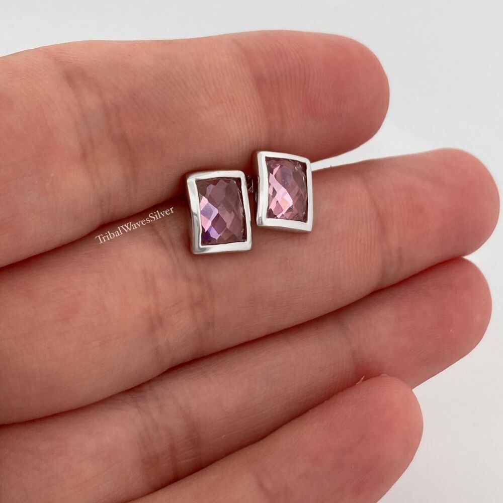 Sterling Silver Rectangular Pink Faceted Quartz Stud earrings